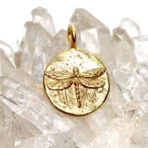 GOLD Dragonfly Pendant, Flower of Life Symbol, dragonfly charm, pendant necklace, dragonfly coin medallion