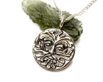Green Man - Silver Coin Pendant - DOUBLE SIDED - Triple Spiral Pagan Symbol - Celtic Design