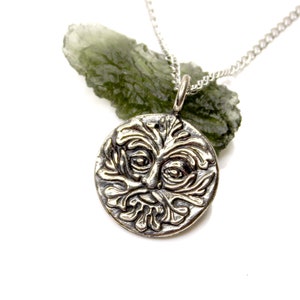 Green Man Silver Coin Pendant - DOUBLE SIDED - Triple Spiral Pagan Symbol - Celtic Design