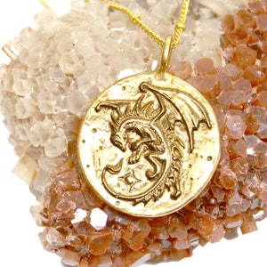Dragon Medallion Large - DOUBLE SIDED - GOLD - baby dragon, flying dragon - renaissance - dragon necklace