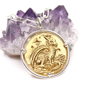 Dragon Medallion - baby dragon - DOUBLE SIDED - sterling silver - 18k gold dragon - renaissance jewelry