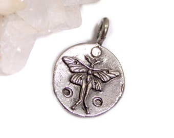 Luna Moth - Silver Pendant Necklace - Boho, Celestial Style - Reversible Charm - Cottagecore