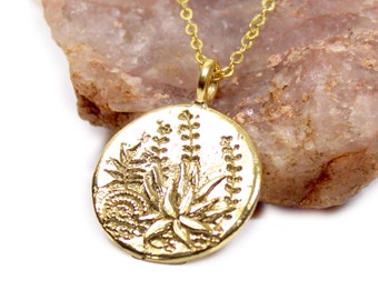 Cactus Pendant, Succulent Pendant Necklace, Plant Lady - DOUBLE SIDED - desert plants gold charm