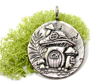 Mushroom House - Silver Pendant Necklace - Reversible - Cottage Core, Fantasy, Forest Magic