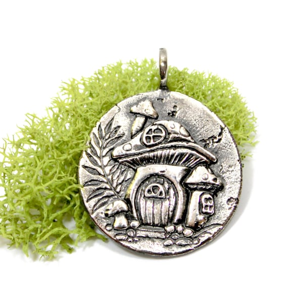 Mushroom House Boho Pendant - Hippie Mushroom - Cottage Core Silver Pendant Necklace - Silver Mushroom Charm