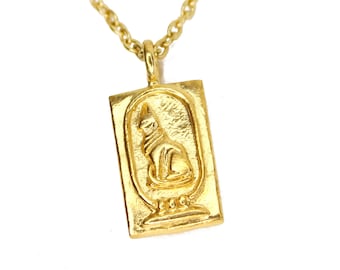 Egyptian Cat Pendant - Nefertiti - DOUBLE SIDED - Egyptian Cartouche Charm Pendant - Gold Necklace