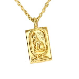 Egyptian Cat Pendant - Nefertiti - DOUBLE SIDED - Egyptian Cartouche Charm Pendant - Gold Necklace