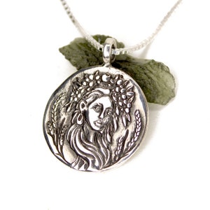 STERLING SILVER - Persephone Goddess - Pomegranate - Large Silver Coin Medallion Necklace - mythology coin