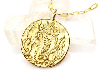 Seahorse Coin Medallion, Mermaid Coin Pendant Necklace - DOUBLE SIDED