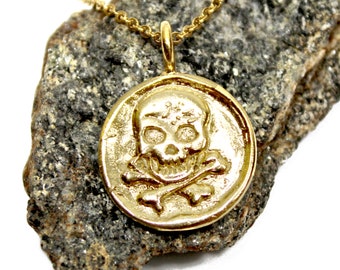 Pirate Coin Pendant - Gold Coin Necklace - Skull and Crossbones - Pirate Treasure Necklace