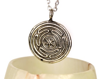 Labyrinth - Hecate Goddess - Silver Coin Medallion Necklace - DOUBLE SIDED - labyrinth, pagan coin