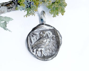Owl Pendant - Silver Owl - Wax Seal - Owl of Athena Pendant