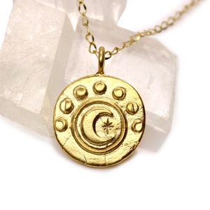 Moon Phases Necklace - Gold Coin Necklace - Celestial Pendant - Crescent Moon - Astrology Pendant Necklace