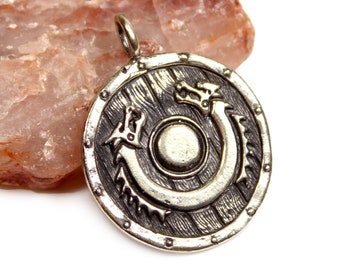 Viking Dragon Shield Medallion - Norse Odin God - SILVER - large coin pendant - valhalla, renaissance pendant, gift for him