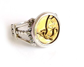 Dragon Ring - Gold Dragon - STERLING SILVER - Fantasy, Fairytale, Adventure Signet Ring