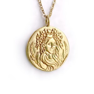 Persephone - Pomegranate - Large Gold Pendant Necklace - DOUBLE SIDED - Mythology Jewelry