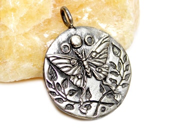 Luna Moth - Large Silver Pendant Necklace - Gift For Her - Nature, Moon Symbol, Forest Theme