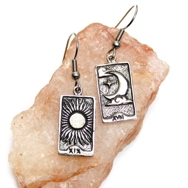 Sun - Moon - Tarot Card Earrings - silver sun moon pair - tarot earrings - silver tarot - astrology, celestial, bohemian earrings