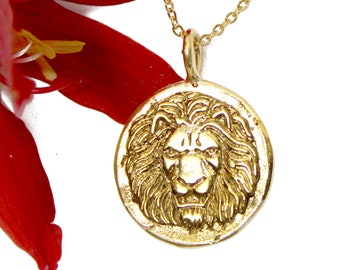 Gold Lion Necklace, Roman Lion, Gold Sun, Gold Medallion Pendant Necklace, Men Women gold coin jewelry