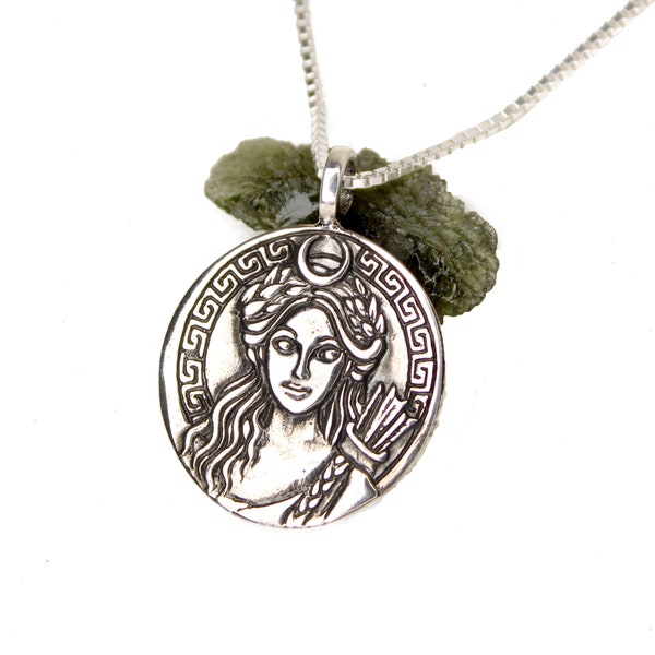 STERLING SILVER - Artemis Goddess - Diana - deer - moon goddess - goddess of the hunt medallion necklace