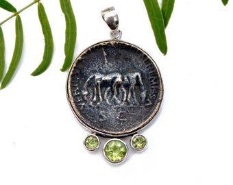 Horse Coin Pendant - Horse Medallion - Roman Coin - Sterling Silver - Peridot Gemstones