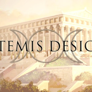 May include: A white building with columns and a large inscription that reads "ARTEMIS DESIGNS". The building is surrounded by a lush green garden and a staircase leading up to the entrance.