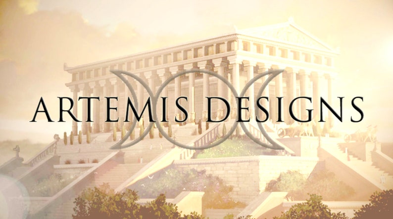 May include: A white building with columns and a large inscription that reads "ARTEMIS DESIGNS". The building is surrounded by a lush green garden and a staircase leading up to the entrance.