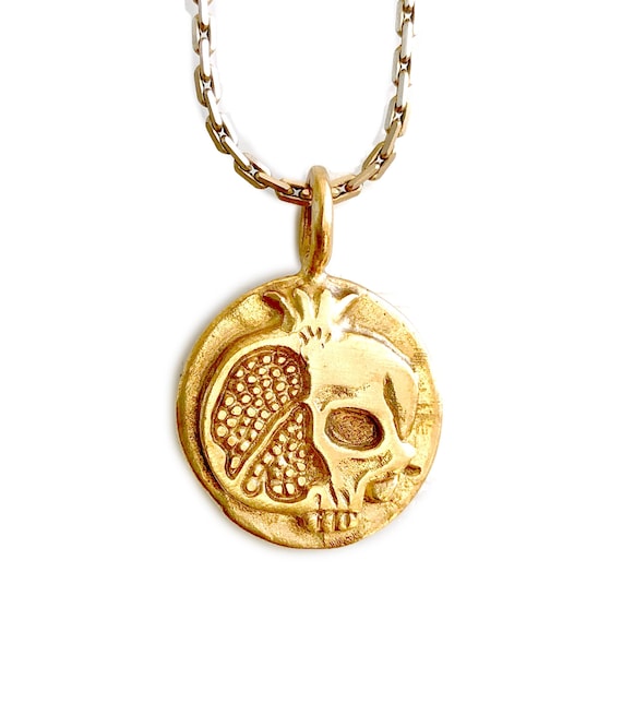 Pomegranate - Persephone Goddess - Small Gold Coin Necklace - DOUBLE SIDED - mythology coin