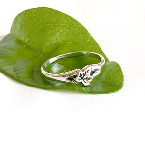 Puede incluir: Un anillo de plata con un diseño de hoja, colocado sobre una gran hoja verde. El anillo presenta un intrincado detalle de hoja, mostrando una estética delicada e inspirada en la naturaleza. La presentación se realiza sobre una hoja verde.