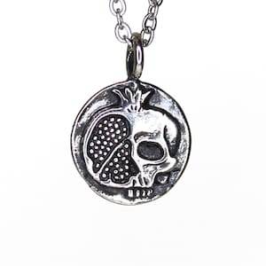 Pomegranate - Persephone Goddess small - Silver Coin Necklace - DOUBLE SIDED - mythology coin