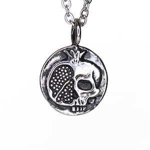 Pomegranate - Persephone Goddess - Silver Coin Medallion Necklace - DOUBLE SIDED - mythology coin