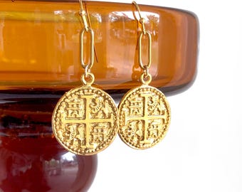 Spanish Coin - Gold Earrings - Atocha Shipwreck - Pirate Treasure Jewelry