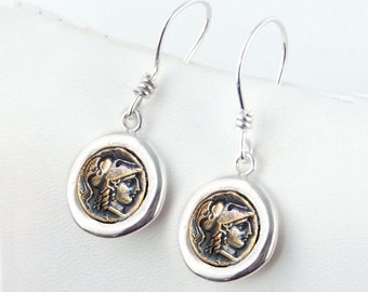 Athena Goddess - Silver Coin Earrings - Sterling Silver Rustic Ancient Coin Earrings