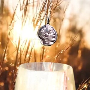May include: A silver necklace with a pendant featuring a detailed profile of a woman's face. The pendant is round and has a textured surface. The necklace is hanging from a branch of dried grass against a blurred background of golden light.