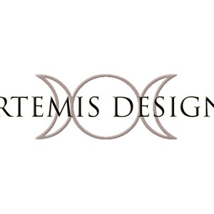 May include: A logo for a business called "ARTEMIS DESIGNS" featuring a triple moon symbol in a light gray color.