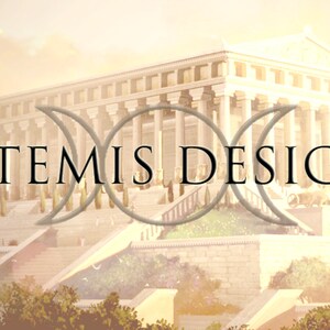 May include: A white building with columns and a large inscription that reads "ARTEMIS DESIGNS". The building is surrounded by a lush green garden and a staircase leading up to the entrance.