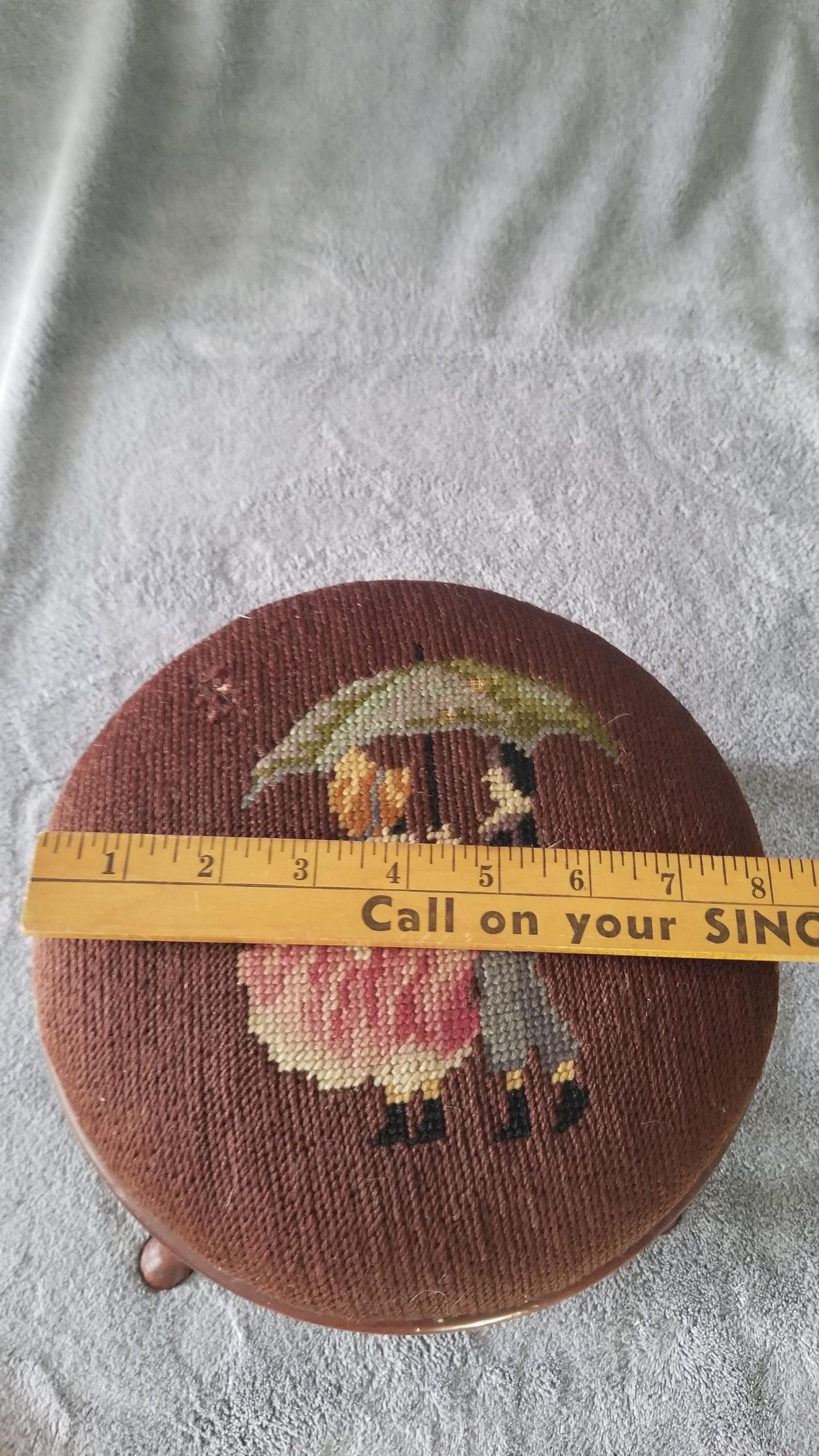Vintage Round Needlepoint Foot Stool With Lady and Gentleman Sharing an ...