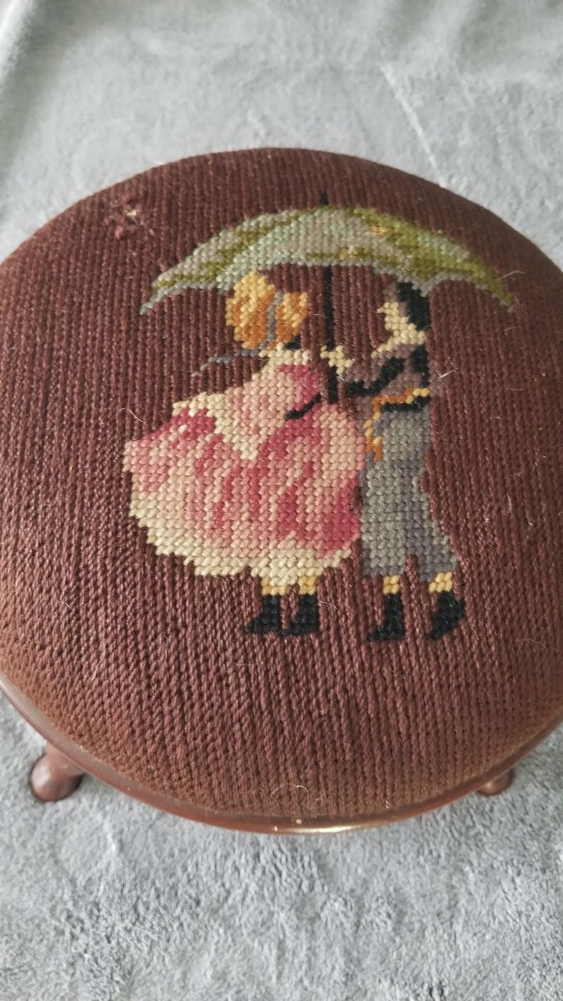 Vintage Round Needlepoint Foot Stool With Lady and Gentleman Sharing an ...
