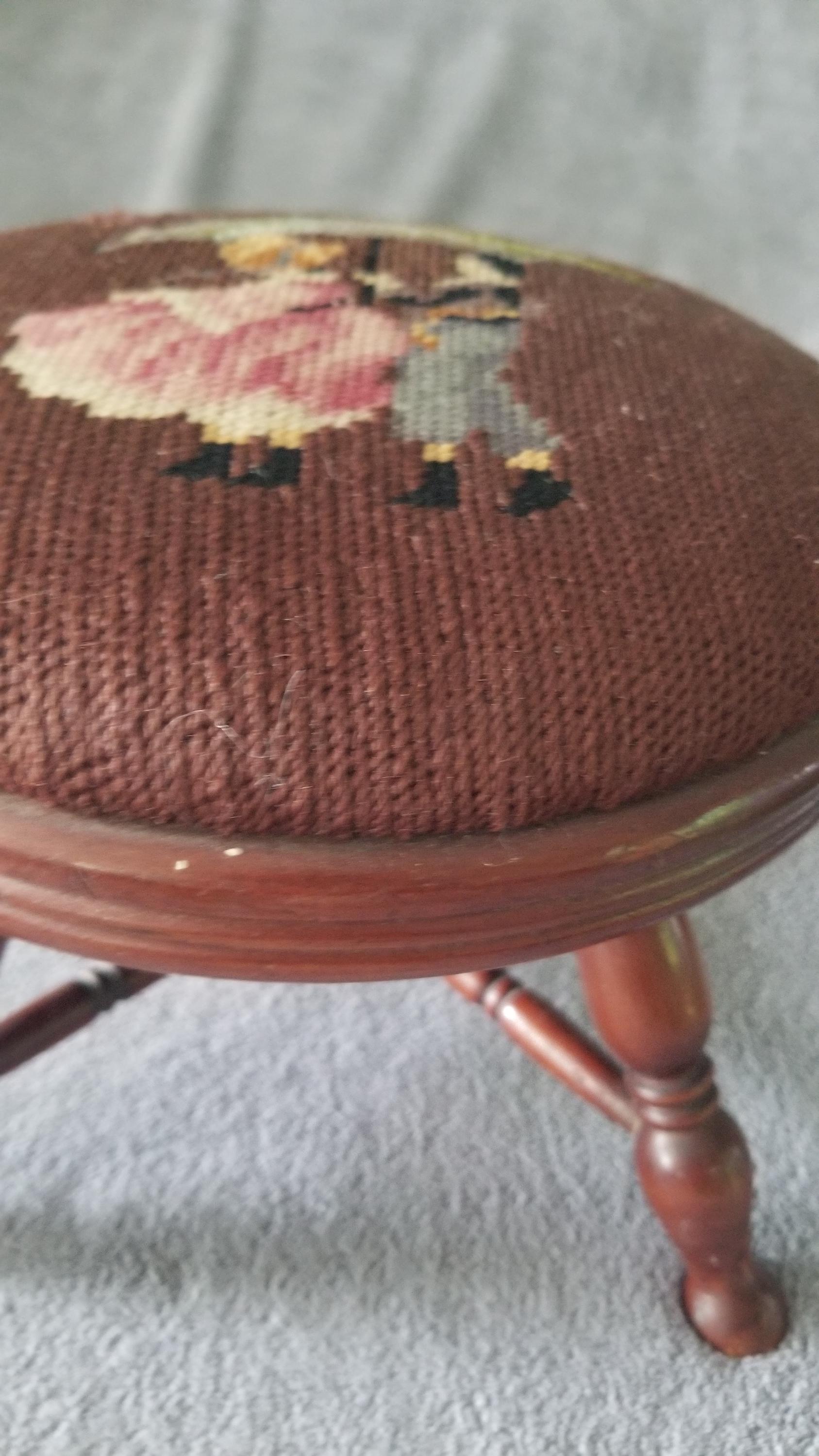 Vintage Round Needlepoint Foot Stool With Lady and Gentleman Sharing an ...