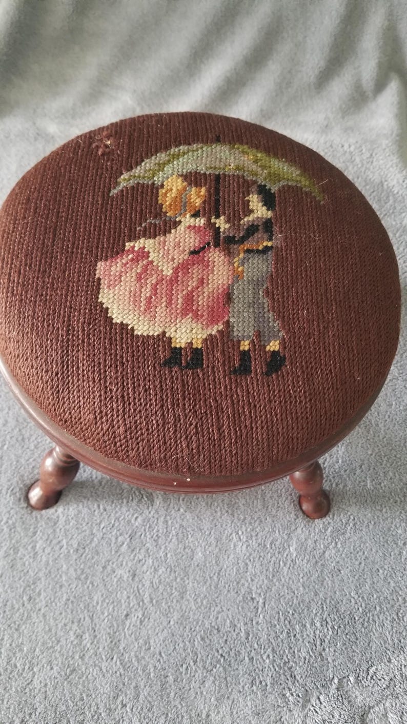 Vintage Round Needlepoint Foot Stool With Lady and Gentleman Sharing an ...