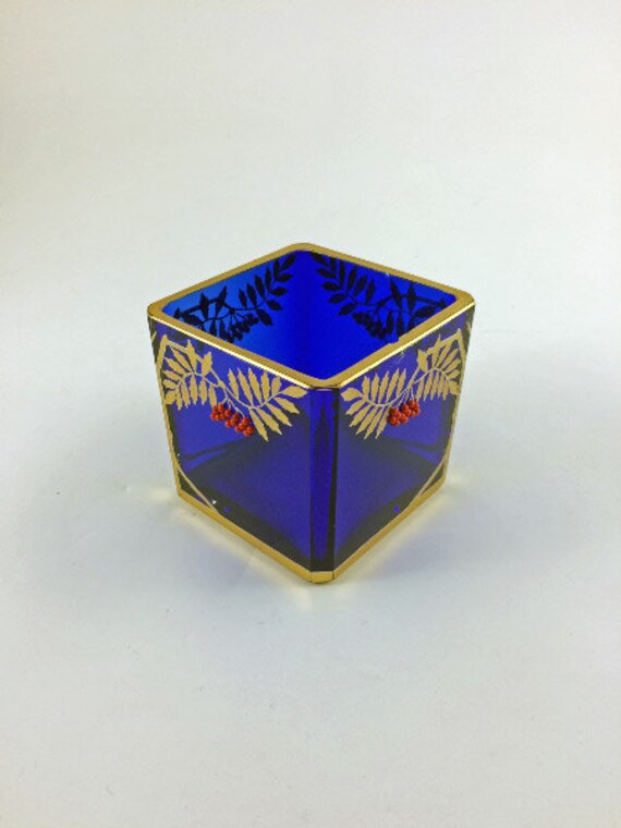 Cobalt Glass Decorative Bowl Vase Design Of Applied Gold Edge Etsy