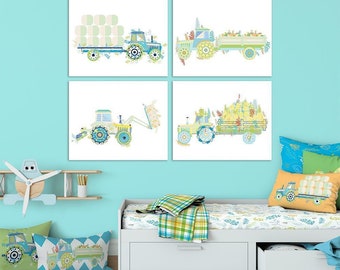 Farmhouse nursery truck & tractor print set for baby boy nursery or farmboy toddler room decor. Blue, green and yellow boys room wall decor