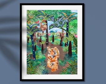 Jungle Tiger Nursery Print: Botanical Wild Cat Art
