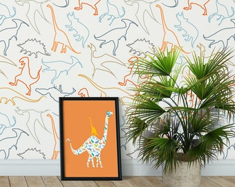 Dinosaur Peel and Stick Wallpaper - Toddler Boy Playroom Decor in Orange Gray and Yellow