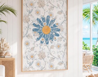 Blue Daisy Wall Art for a Coastal Baby Nursery and Florida Keys Beach House Featuring a Whimsical Botanical Flower Print