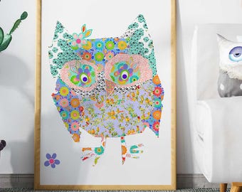 Floral Owl Art Print: Whimsical Woodland Decor