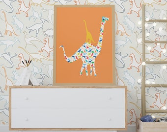 Orange Dinosaur prints for boys bedroom decor. Dinosaur nursery wall art home decor. Abstract art for modern nursery dinosaur theme.