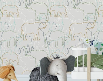 Elephant Jungle Wallpaper: Gray, Ochre & Green Peel and Stick Decor