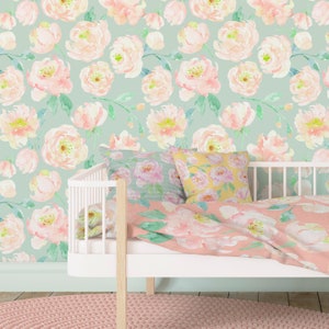 Green Pink Floral Wallpaper Girls Room Peel and Stick Wall Paper - Baby Girl Nursery Wallpaper Kids Bedroom Wallpaper