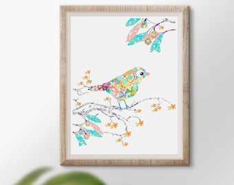 Floral Bird Nursery Art Print: Botanical Baby Girl Room Decor
